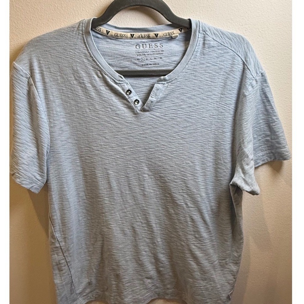 Guess Mens Light Blue/Grey Knit Henley Shirt Organic Cotton Blend Small